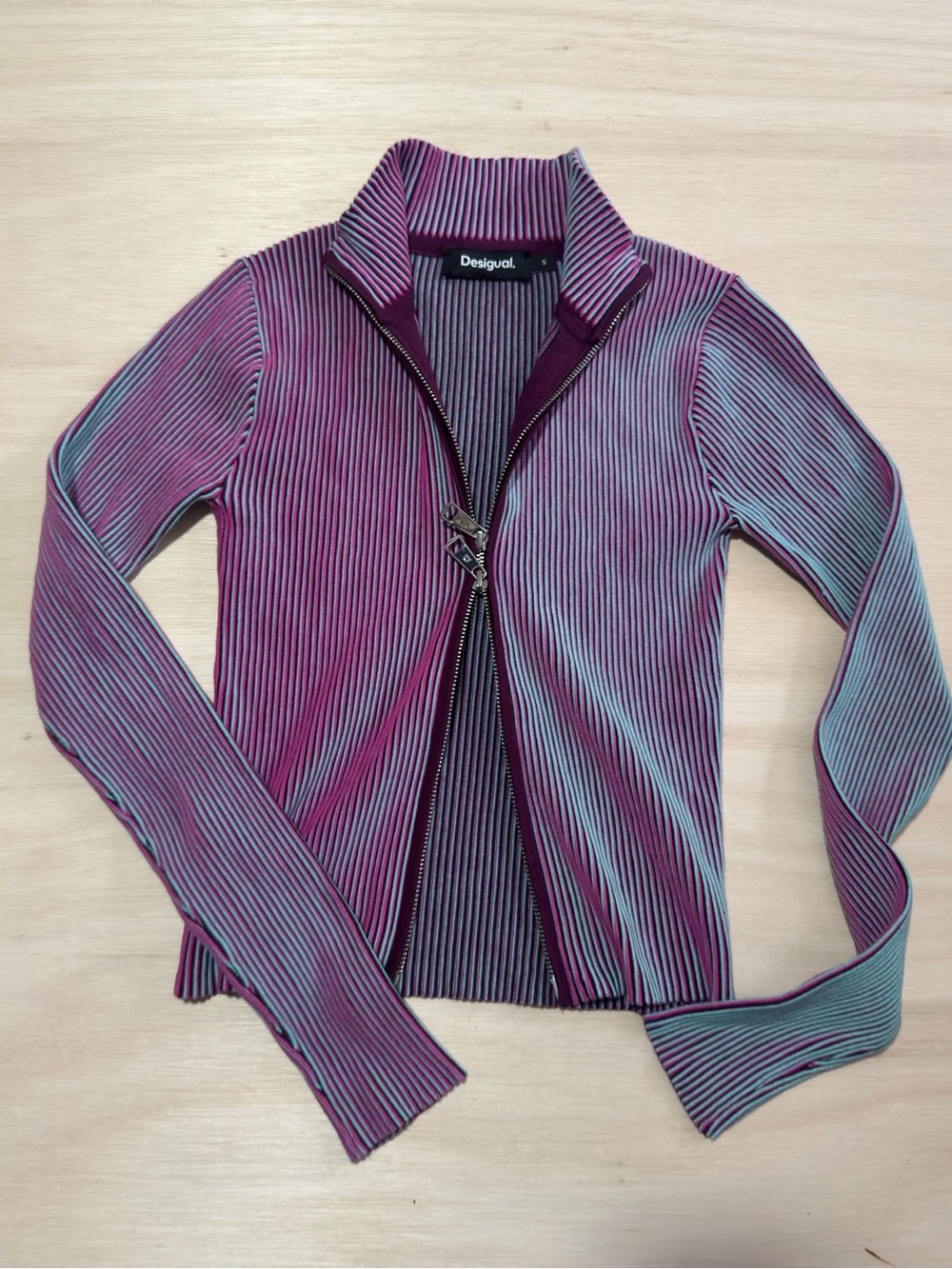 Desigual Ribbed Zip-Up Turtleneck Sweater in Purple and Teal - Picture 7 of 13